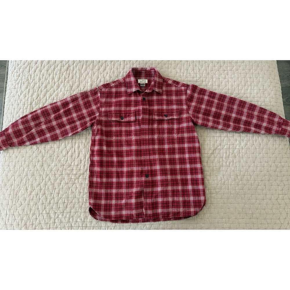 LL Bean Chamois Shirt Men's Size MEDIUM Red White Blue Plaid Button Up 277981